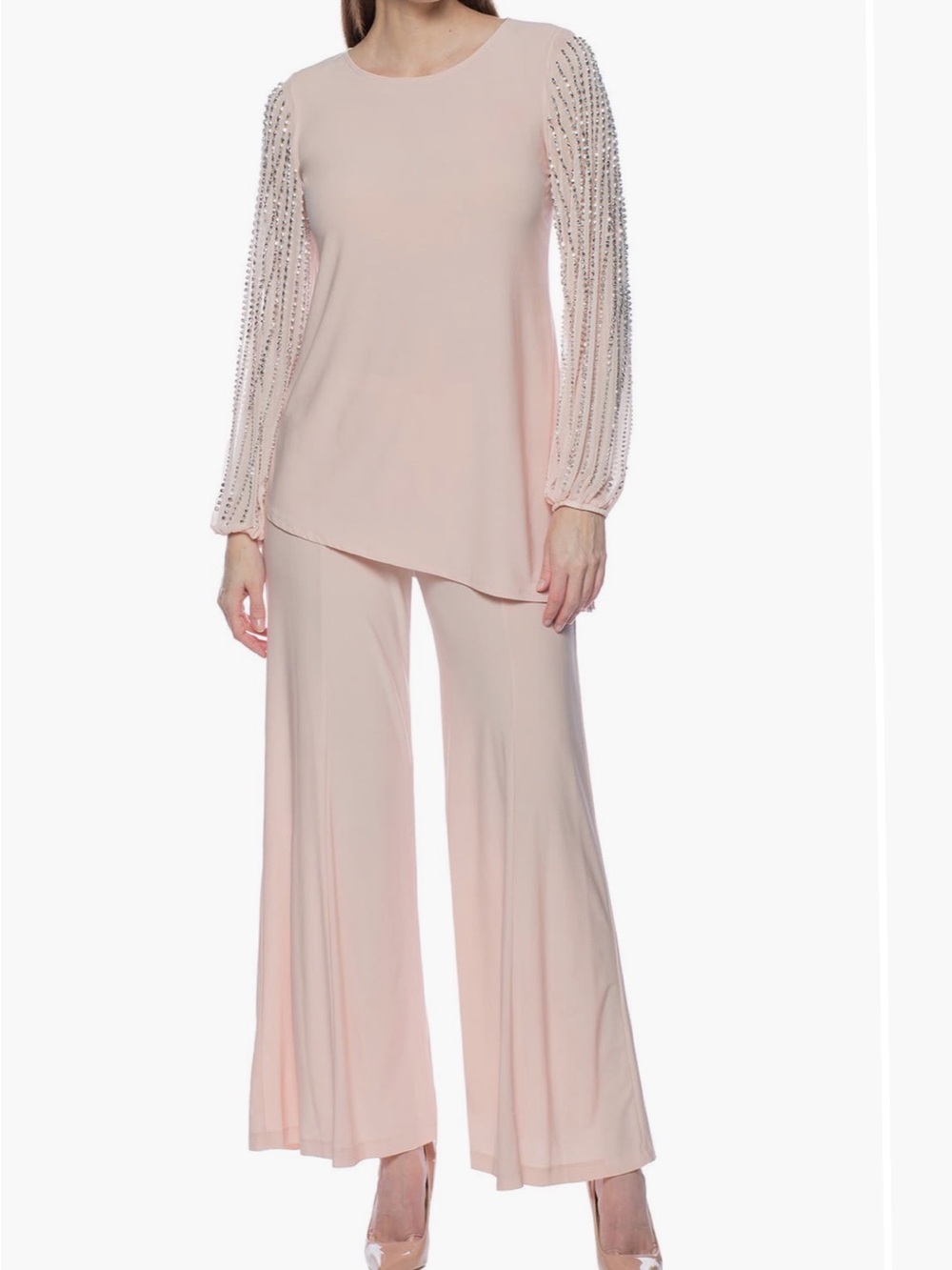 MARINA Blush Beaded-Sleeve Wide-Leg Jumpsuit